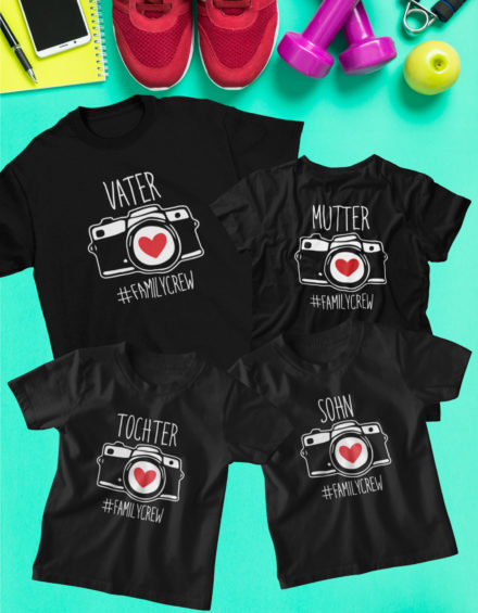 “VATER, MUTTER, SOHN, TOCHTER HASHTAG FAMILYCREW” – Paare Partnerlook (“Familie”) – 4 Tshirts