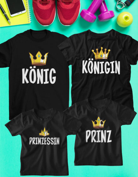 "KÖNIG CROWN ,KÖNIGIN CROWN ,PRINZ CROWN ,PRINZESSIN CROWN" - Paare Partnerlook ("Familie") - 4 Tshirts