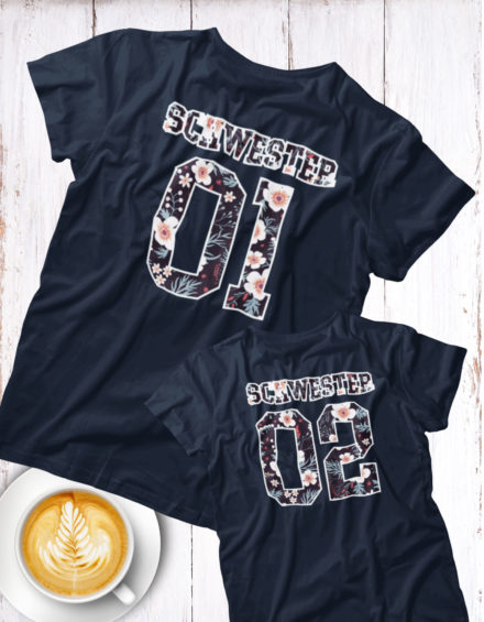 "SCHWESTER NUMBER 01/SCHWESTER NUMBER 02" - Paare Partnerlook ("Schwester&Schwester") - 2 Tshirts