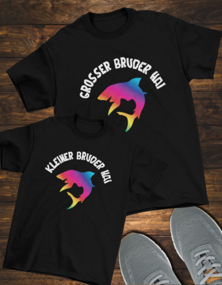 "GROSSER/KLEINER BRUDER HAI-COLORFUL" - Paare Partnerlook ("Brüder&Brüder") - 2 Tshirts