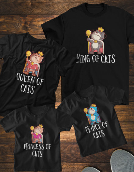 "KING OF CATS, QUEEN OF CATS, PRINCE OF CATS, PRINCESS OF CATS" - Paare Partnerlook ("Familie") - 4 Tshirts