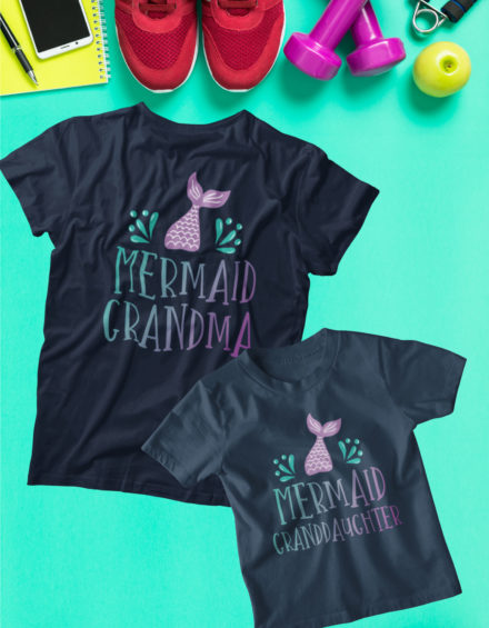 "MERMAID GRANDMA COLORFUL, MERMAID GRANDDAUGHTER COLORFUL" - Paare Partnerlook ("Oma&Enkelin")-2 Tshirts