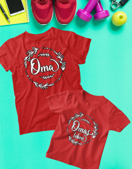 "OMA ROUND ORNAMENT, OMAS LEBEN ROUND ORNAMENT" - Paare Partnerlook ("Oma&Enkelin")-2 Tshirts