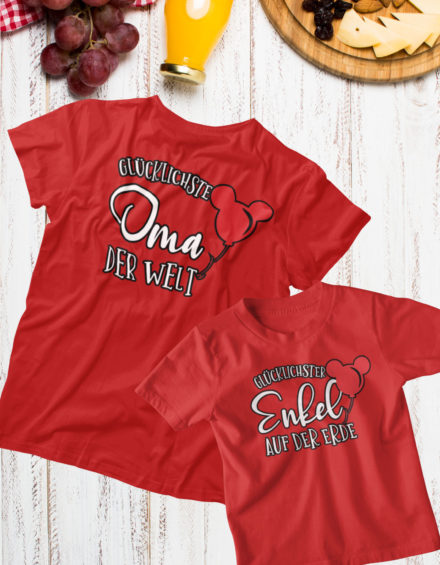 "GLÜCKLICHSTER OMA DER WELT-GLÜCKLICHSTER ENKEL AUF DER ERDE" - Paare Partnerlook ("Oma&Enkel")-2 Tshirts