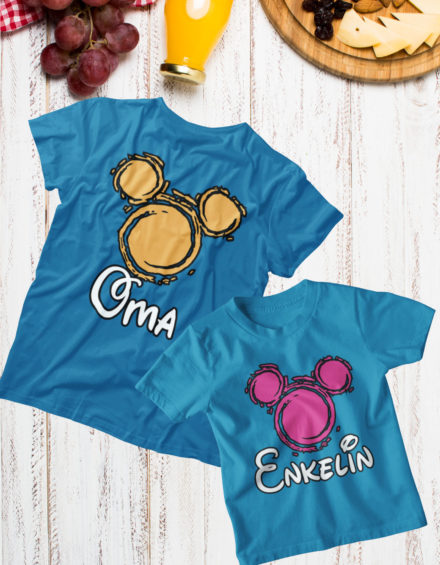 "OMA MOUSE HEAD YELLOW, ENKELIN MOUSE HEAD PINK" - Paare Partnerlook ("Oma&Enkelin")-2 Tshirts