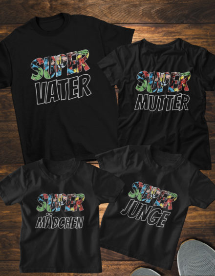"SUPER VATER, SUPER MUTTER, SUPER JUNGE, SUPER MÄDCHEN" - Paare Partnerlook ("Familie") - 4 Tshirts