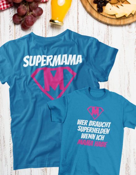 "SUPERMAMA SYMBOL/WER BRAUCHT SUPERHELDEN WENN ICH MAMA HABE" - Paare Partnerlook ("Mutter&Sohn") - 2 Tshirts