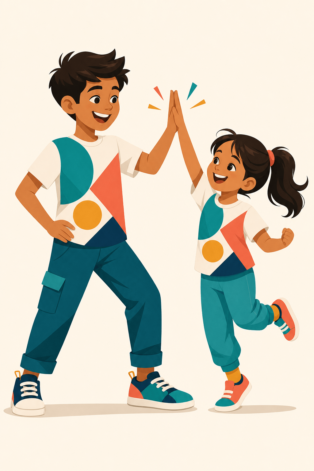 Bruder und Schwester im Partnerlook mit abgestimmten bedruckten T-Shirts