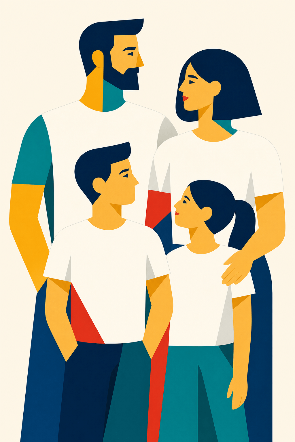 Eltern-Kind-Partnerlook – Familie mit Papa, Mama, Sohn und Tochter in abgestimmten T-Shirts