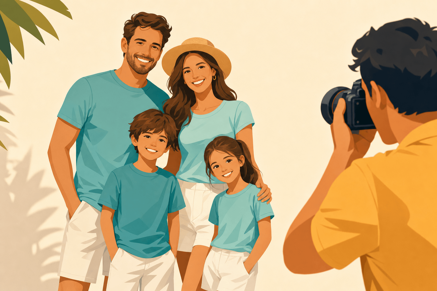 Familie im Partnerlook beim Sommer-Fotoshooting – matching T-Shirts fürs Familienfoto