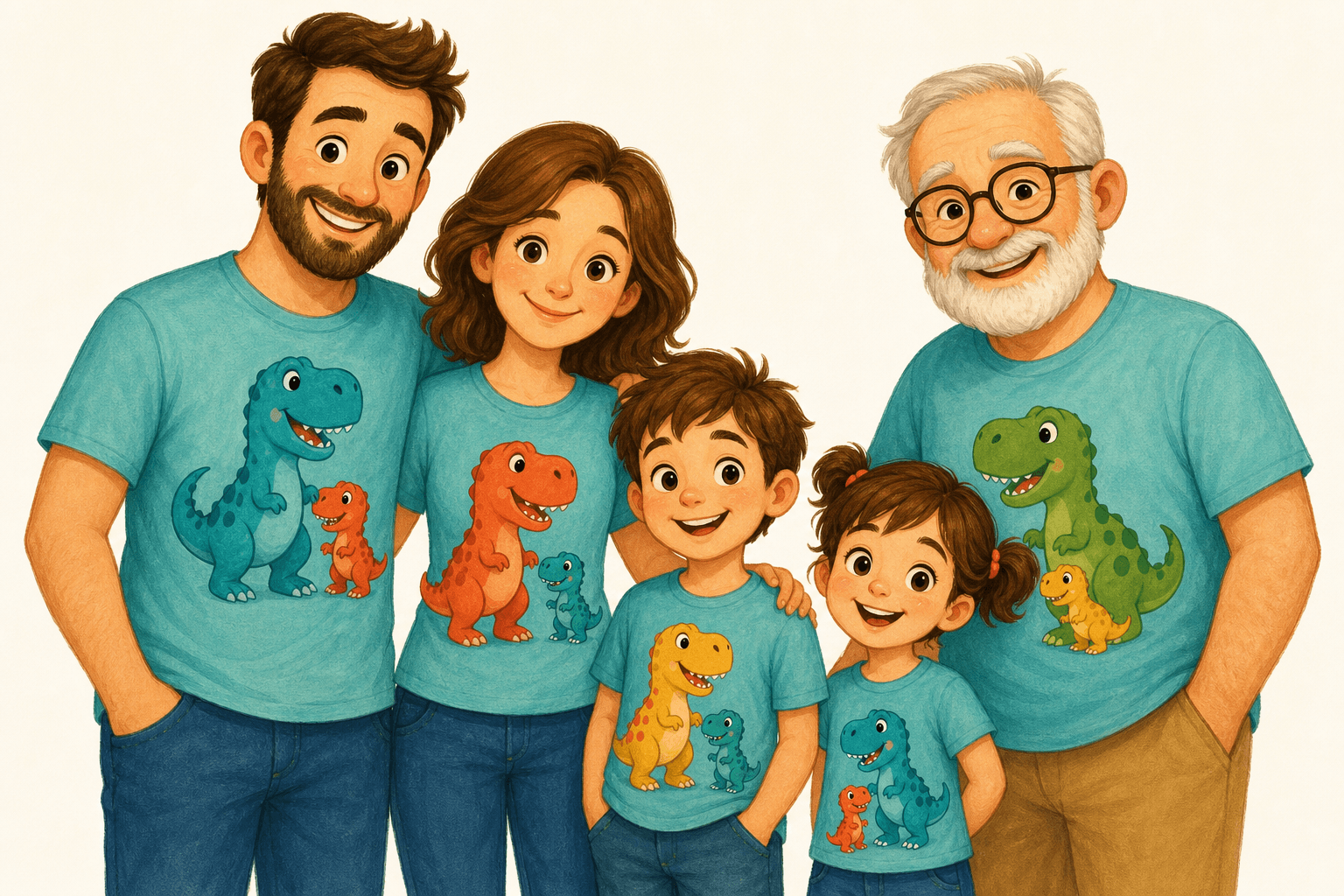 Dino-Partnerlook Shirts – Familie mit Papa, Mama, Opa und Kindern in abgestimmten T-Shirts mit T-Rex-Motiven