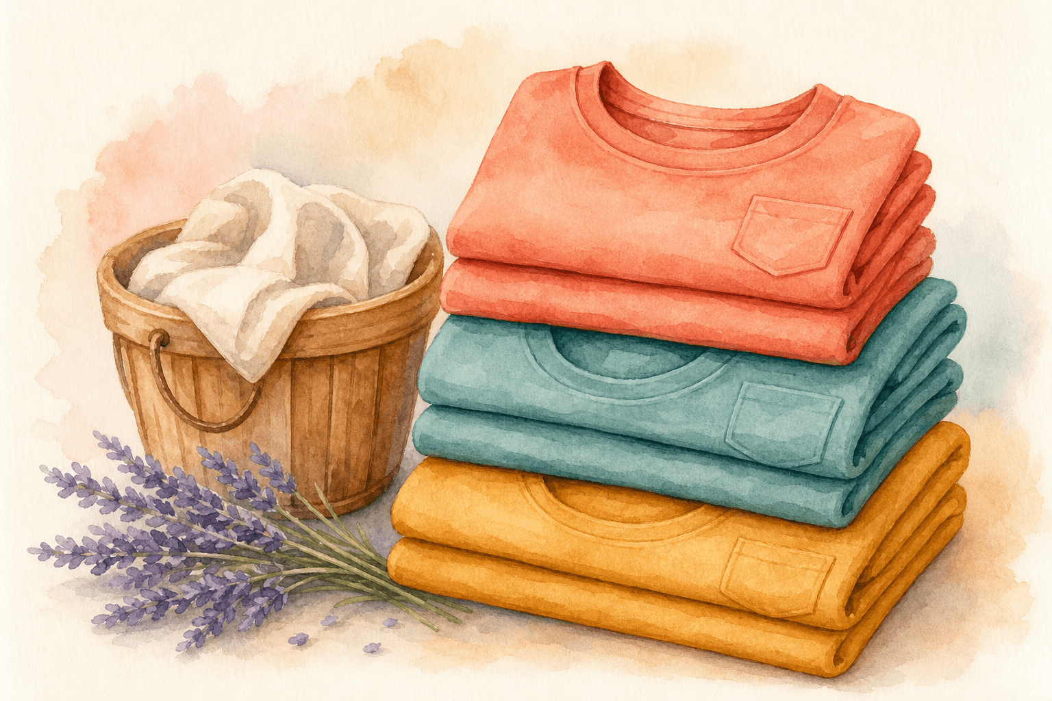 Aquarell: gefaltete passende Partnerlook-Shirts aus Baumwolle mit Waeschekorb - Material und Pflege