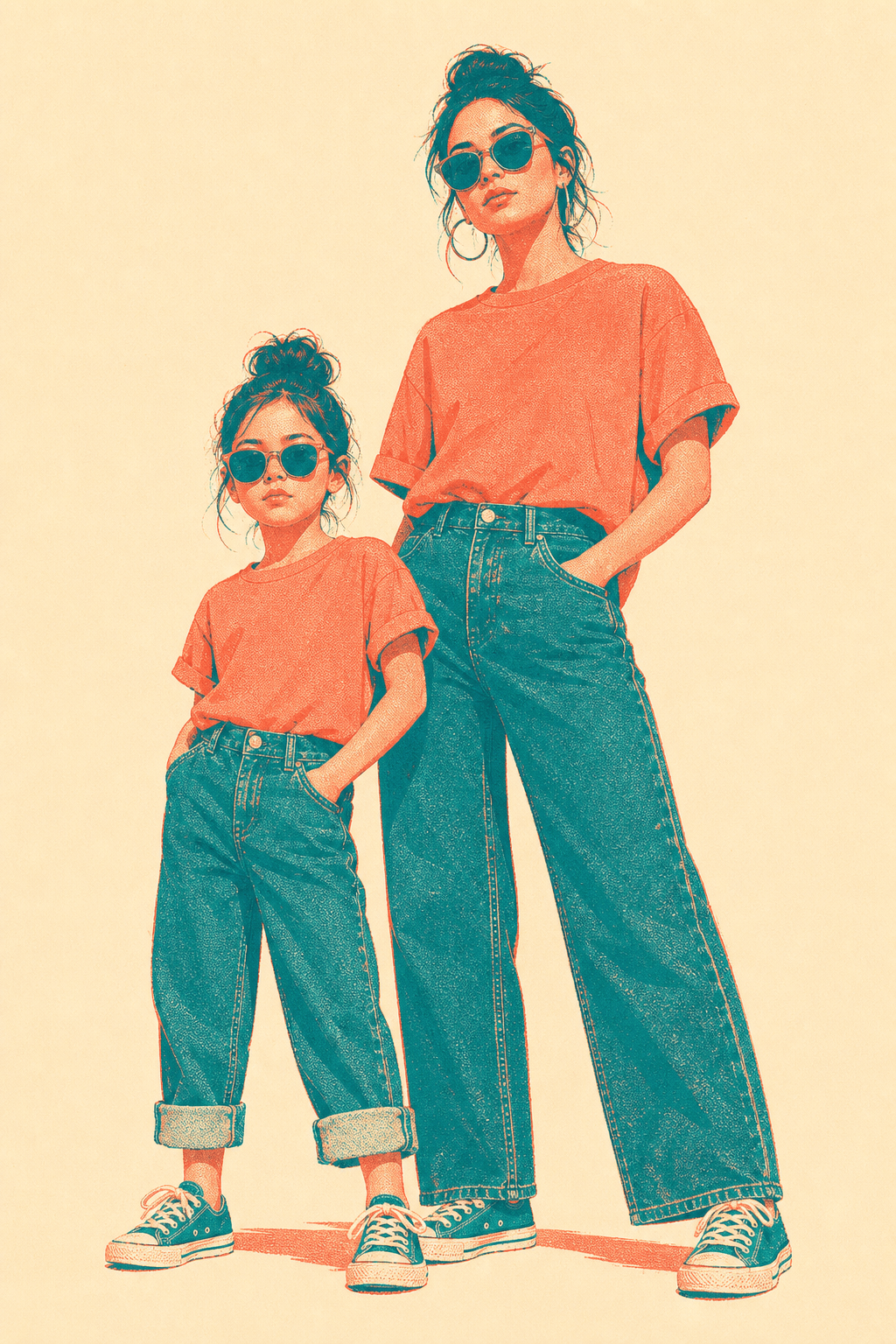 Mutter und Tochter im Partnerlook mit abgestimmten T-Shirts - Mutter-Tochter-Outfit