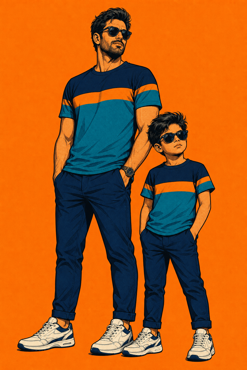 Papa und Sohn im Partnerlook mit abgestimmten T-Shirts - Vater-Sohn-Outfit