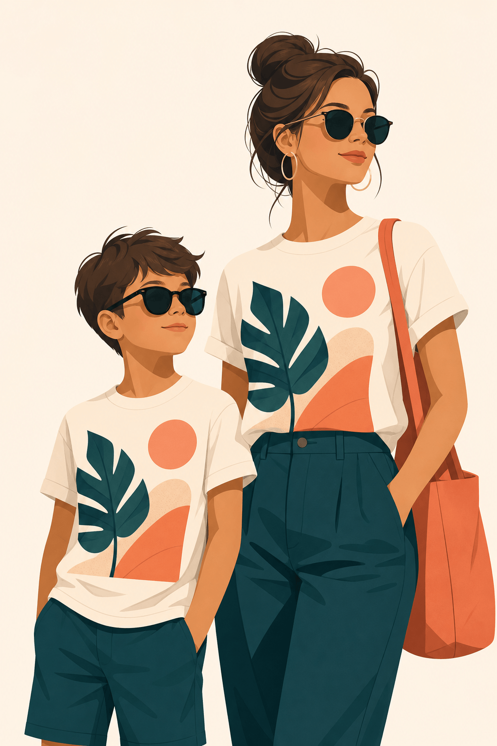 Coole Mutter und ihr Sohn im Partnerlook mit matching bedruckten T-Shirt-Sets von LittleDude