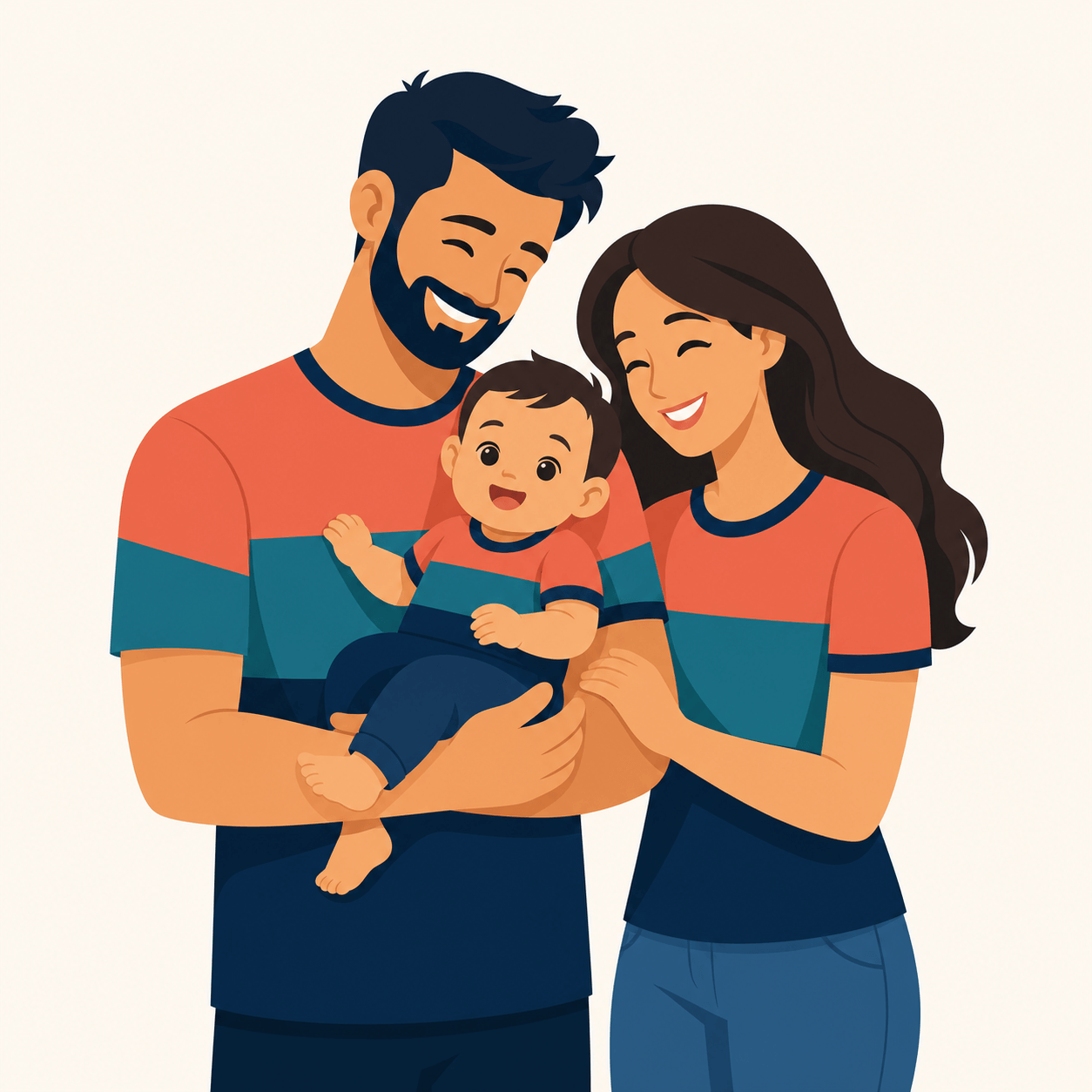 Partnerlook zum ersten Vatertag - junger Vater mit Baby und Mutter in abgestimmten T-Shirts