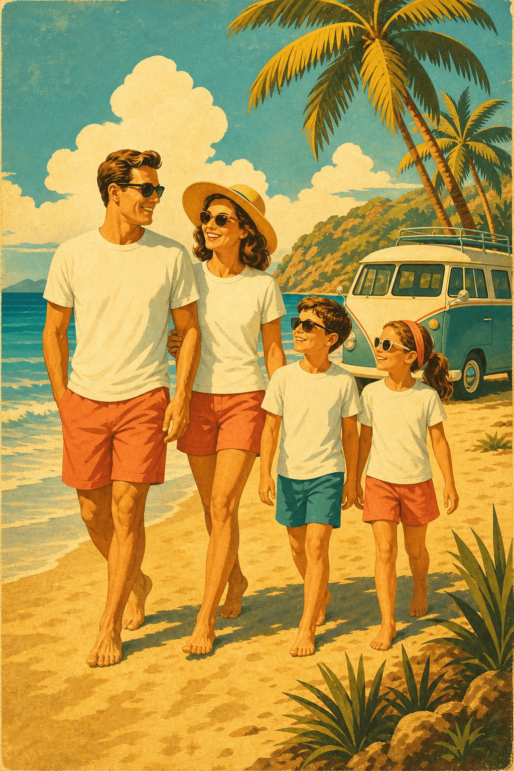 Familie im Partnerlook am Strand – Vater, Mutter, Sohn und Tochter in abgestimmten T-Shirts im Sommerurlaub