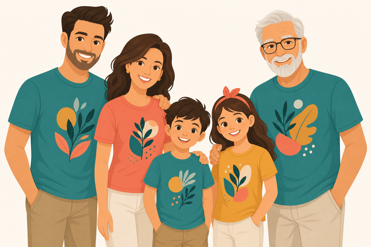 Familie im Partnerlook: Vater, Mutter, Kinder und Opa in abgestimmten bedruckten T-Shirts