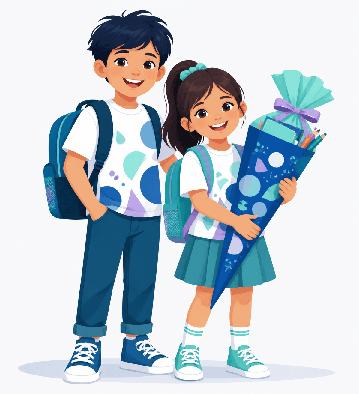 Geschwister im Partnerlook zur Einschulung – zwei Kinder in passenden bedruckten T-Shirts mit Schultüte zum Schulstart